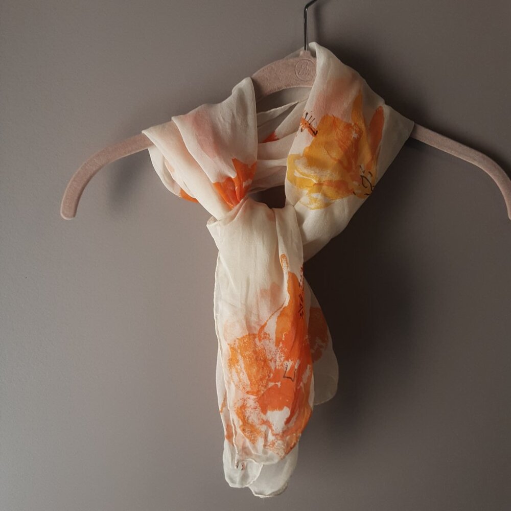 Gorgeous Silk Floral Oblong Scarf Cream with Orange and Yellow